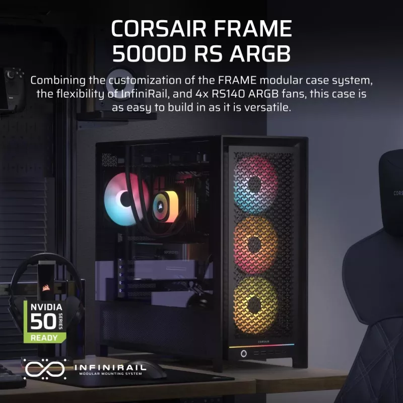 PC korpusas CORSAIR FRAME 5000D RS ARGB Midi Tower juodas — ATX, palaiko 3x140mm priekinius ventiliatorius, 2.5/3.5 colio diskus