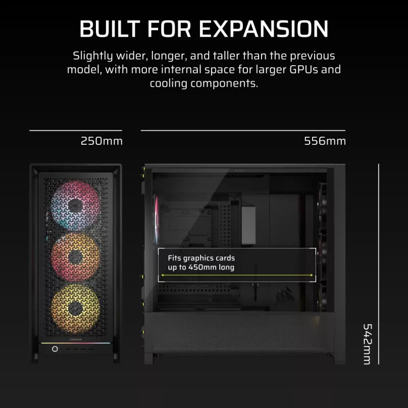 PC korpusas CORSAIR FRAME 5000D RS ARGB Midi Tower juodas — ATX, palaiko 3x140mm priekinius ventiliatorius, 2.5/3.5 colio diskus