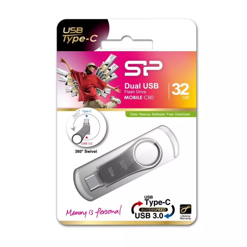 SILICON POWER Mobile C80 - 32GB Dual USB atmintukas - Type-C / Type-A - Pilka