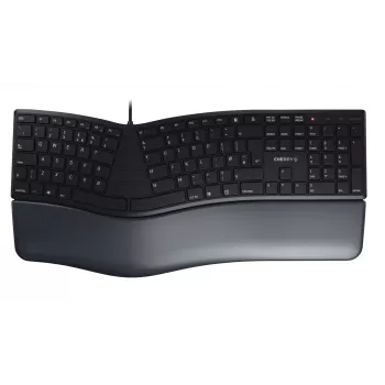 Laidinė ergonomiška pilno dydžio klaviatūra Cherry KC 4500 ERGO Juoda USB QWERTY UK 109 klavišų lenktas išdėstymas riešo atrama 1,8 m laidas