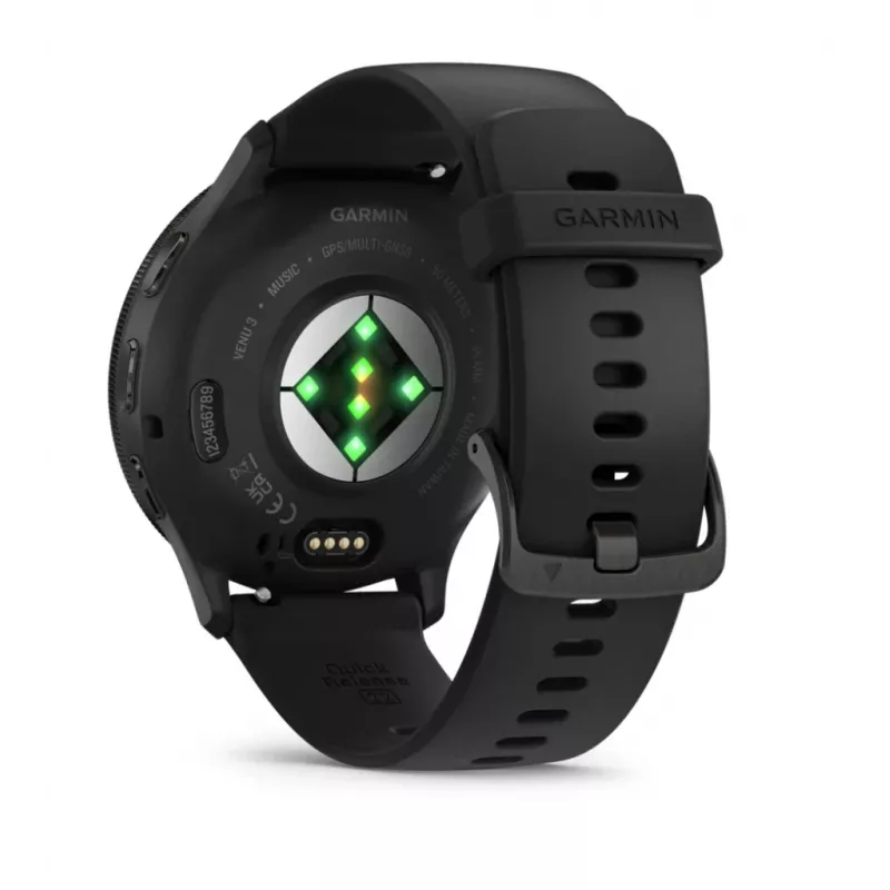 GARMIN Venu 3 - 45 mm, AMOLED ekranas, GPS, šlifuotas nerūdijančio plieno rėmelis, juodas korpusas, silikoninis dirželis