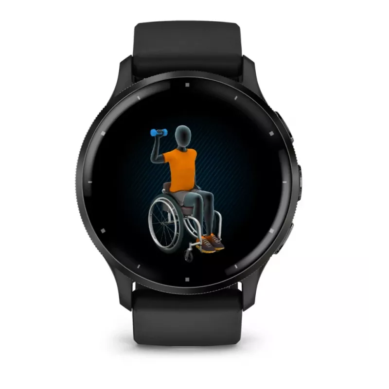 GARMIN Venu 3 - 45 mm, AMOLED ekranas, GPS, šlifuotas nerūdijančio plieno rėmelis, juodas korpusas, silikoninis dirželis
