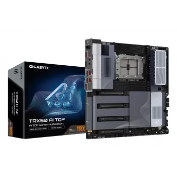 GIGABYTE TRX50 AI TOP-2B pagrindinė plokštė – AMD Ryzen Threadripper PRO 7000, 16+8+4 fazių skaitmeninis VRM, DDR5 iki 5200 MHz, 4xPCIe 5.0 M.2, Wi-Fi 7, 10 GbE LAN, USB 4