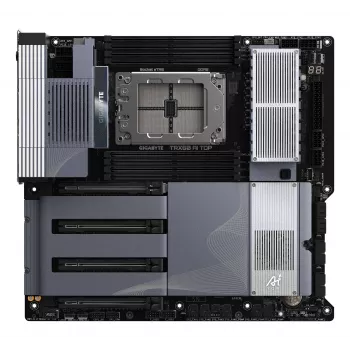 GIGABYTE TRX50 AI TOP-2B pagrindinė plokštė – AMD Ryzen Threadripper PRO 7000, 16+8+4 fazių skaitmeninis VRM, DDR5 iki 5200 MHz, 4xPCIe 5.0 M.2, Wi-Fi 7, 10 GbE LAN, USB 4
