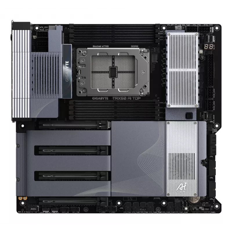 GIGABYTE TRX50 AI TOP-2B pagrindinė plokštė – AMD Ryzen Threadripper PRO 7000, 16+8+4 fazių skaitmeninis VRM, DDR5 iki 5200 MHz, 4xPCIe 5.0 M.2, Wi-Fi 7, 10 GbE LAN, USB 4