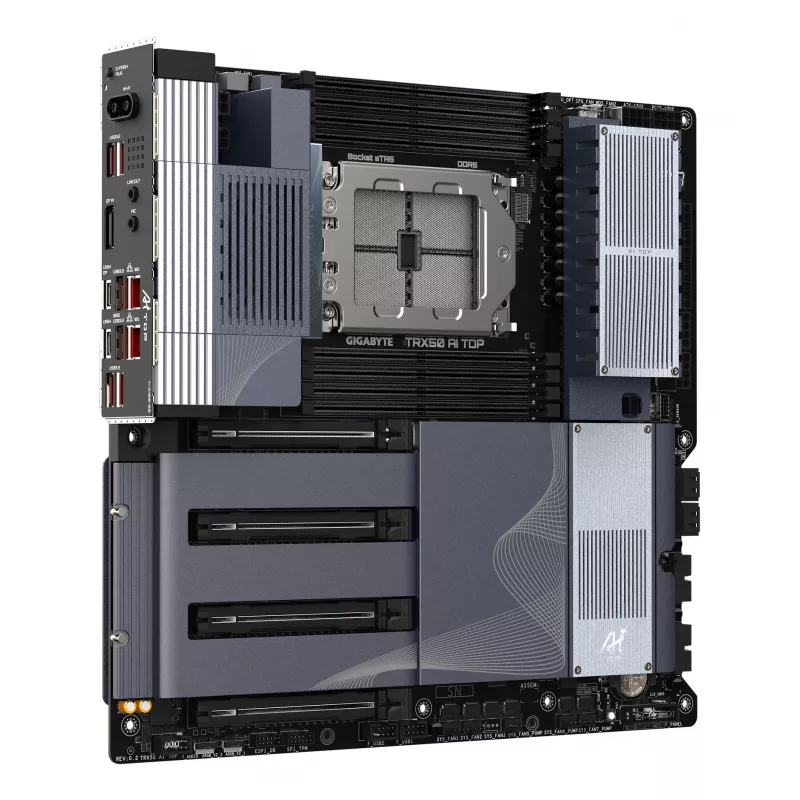 GIGABYTE TRX50 AI TOP-2B pagrindinė plokštė – AMD Ryzen Threadripper PRO 7000, 16+8+4 fazių skaitmeninis VRM, DDR5 iki 5200 MHz, 4xPCIe 5.0 M.2, Wi-Fi 7, 10 GbE LAN, USB 4
