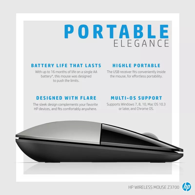 HP Z3700 Blue belaidė pelė, ambidekstrinė, optinė, RF belaidė, 1200 DPI, mėlyna