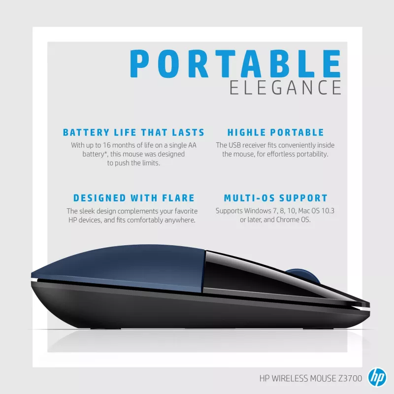 HP Z3700 Blue belaidė pelė, ambidekstrinė, optinė, RF belaidė, 1200 DPI, mėlyna