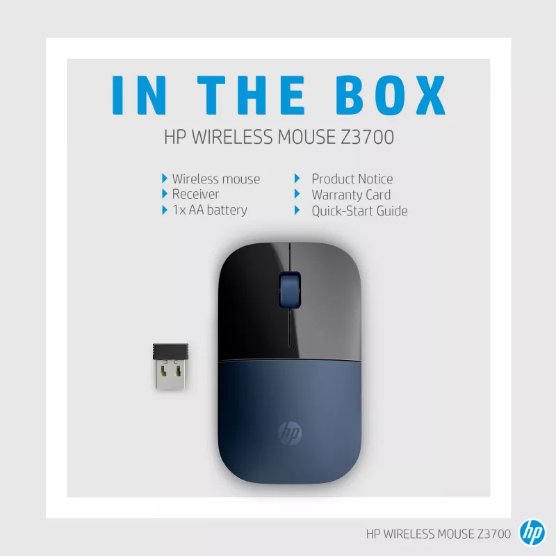 HP Z3700 Blue belaidė pelė, ambidekstrinė, optinė, RF belaidė, 1200 DPI, mėlyna