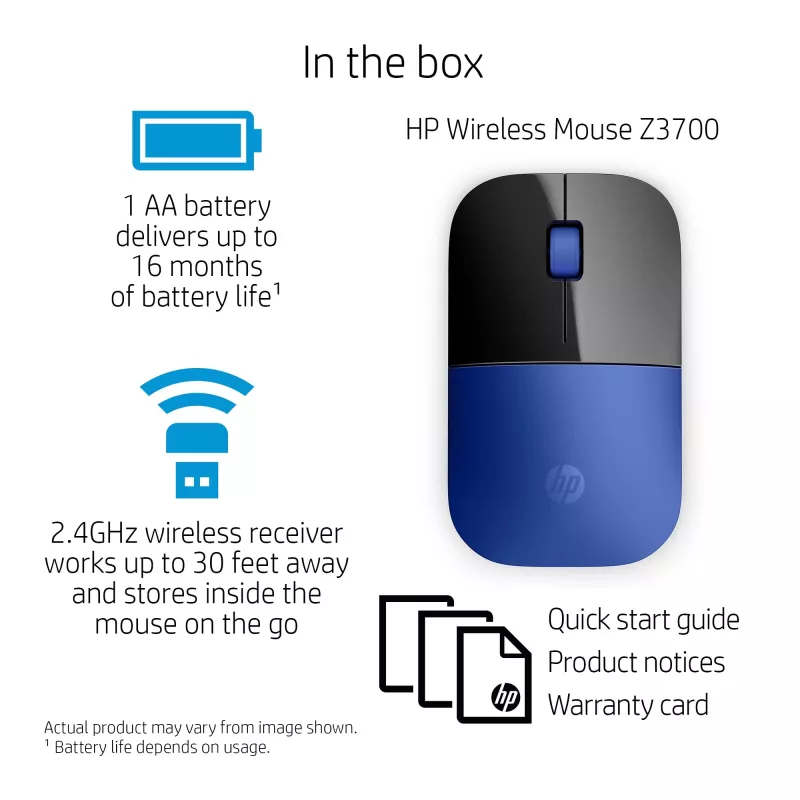 HP Z3700 Blue belaidė pelė, ambidekstrinė, optinė, RF belaidė, 1200 DPI, mėlyna
