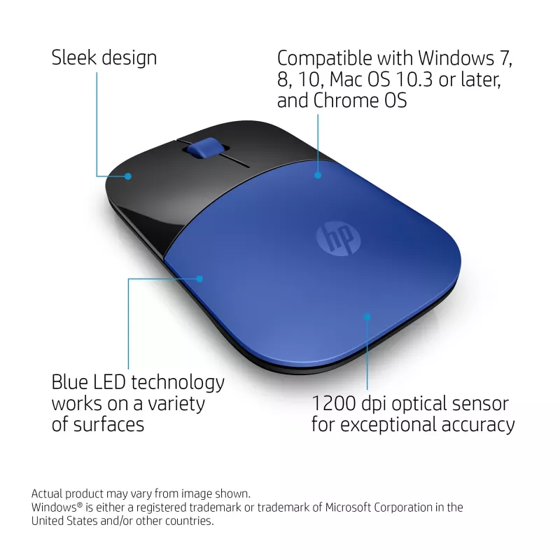 HP Z3700 Blue belaidė pelė, ambidekstrinė, optinė, RF belaidė, 1200 DPI, mėlyna