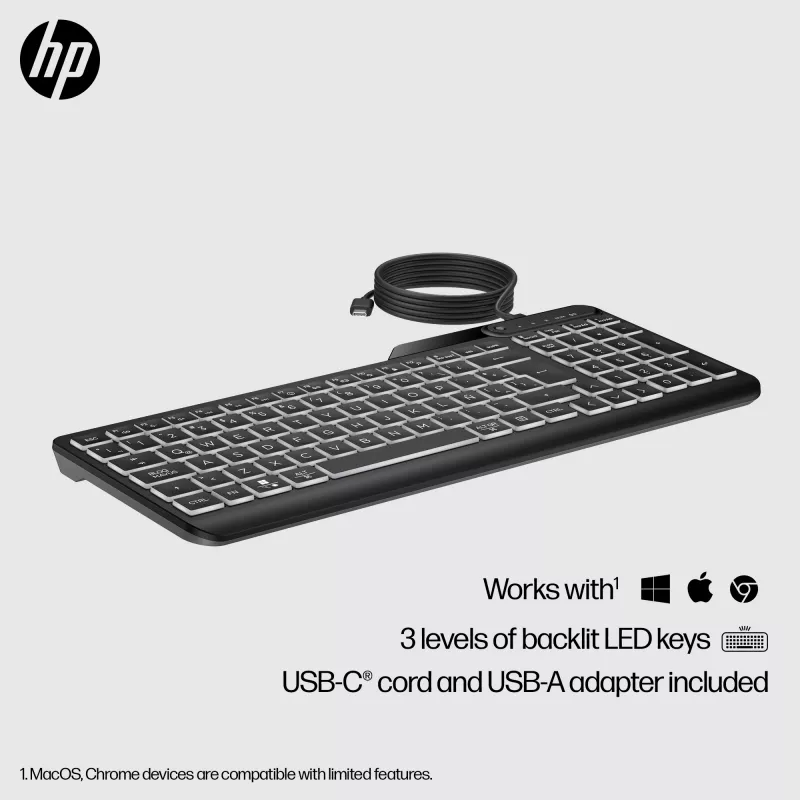 HP 405 daugelio įrenginių apšviesta laidinė klaviatūra, pilno dydžio (100%), laidinė, USB, membraninė, juoda