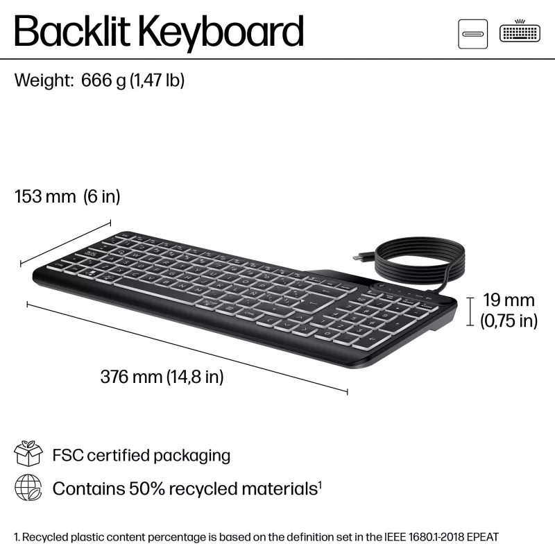 HP 405 daugelio įrenginių apšviesta laidinė klaviatūra, pilno dydžio (100%), laidinė, USB, membraninė, juoda