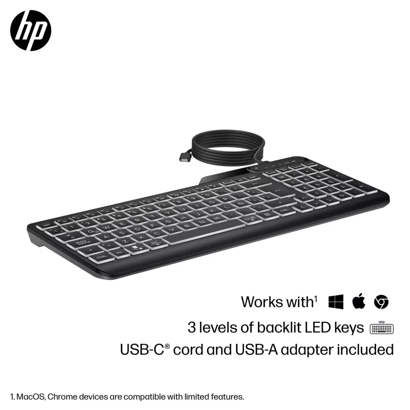 HP 405 daugelio įrenginių apšviesta laidinė klaviatūra, pilno dydžio (100%), laidinė, USB, membraninė, juoda