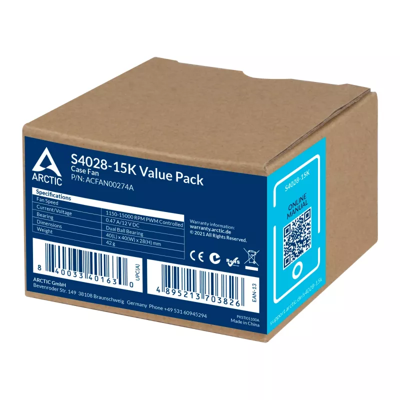 ARCTIC S4028-6K - 40 mm serverinis ventiliatorius, 250 RPM – 6000 RPM, 12.06 m³/h, juodas