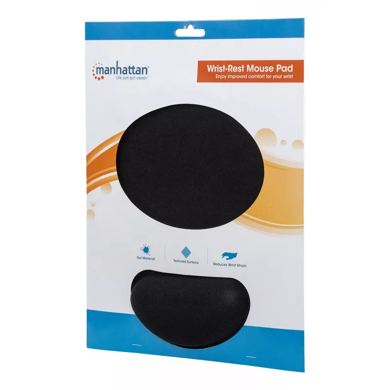 Manhattan Wrist Gel Support Pad and Mouse Mat, juoda, 241 × 203 × 40 mm, neslystanti bazė, Viso gyvenimo garantija, Kortelinė mažmeninė pakuotė