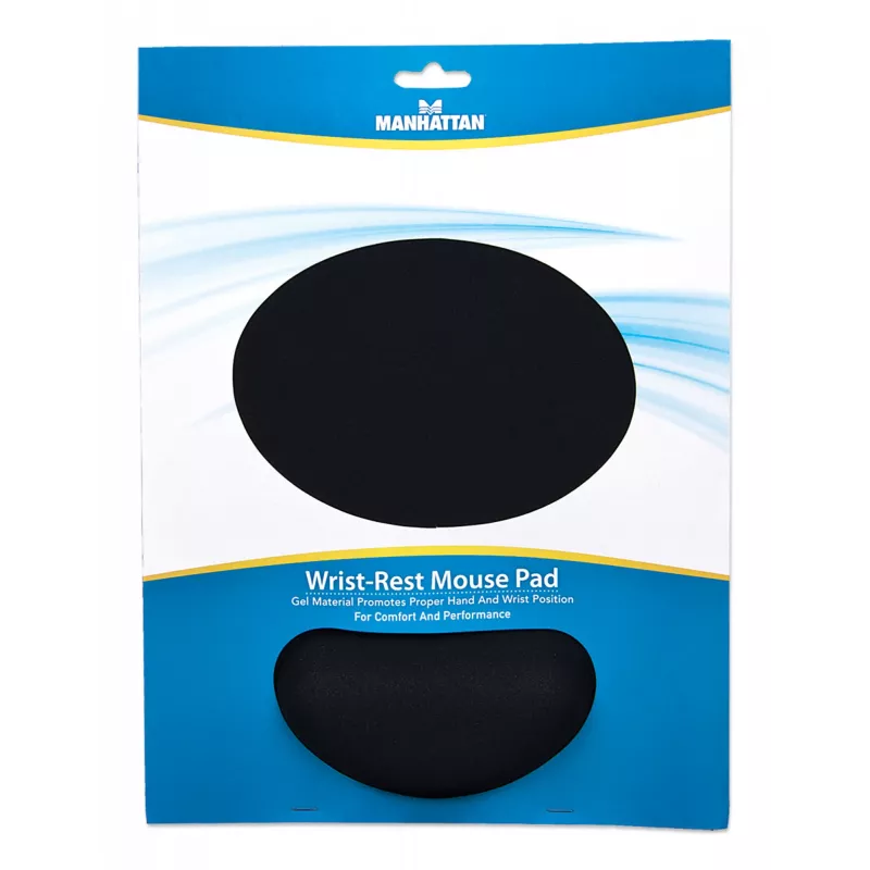 Manhattan Wrist Gel Support Pad and Mouse Mat, juoda, 241 × 203 × 40 mm, neslystanti bazė, Viso gyvenimo garantija, Kortelinė mažmeninė pakuotė