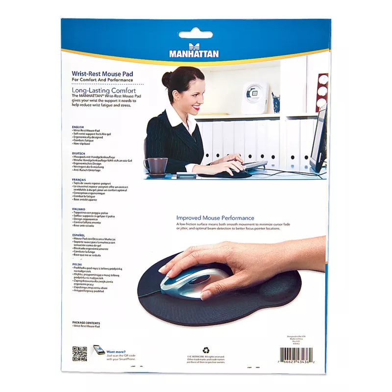 Manhattan Wrist Gel Support Pad and Mouse Mat, juoda, 241 × 203 × 40 mm, neslystanti bazė, Viso gyvenimo garantija, Kortelinė mažmeninė pakuotė