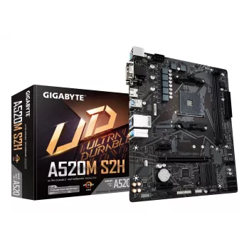 GIGABYTE A520M S2H Motininė plokštė – palaiko AMD Ryzen 5000 serijos AM4 procesorius, 4+3 fazių grynas skaitmeninis VRM, iki 5100MHz DDR4 (OC), PCIe 3.0 x4 M.2, GbE LAN, USB 3.2 Gen 1