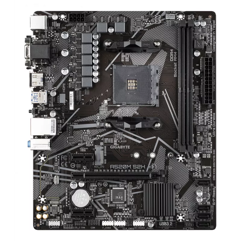 GIGABYTE A520M S2H Motininė plokštė – palaiko AMD Ryzen 5000 serijos AM4 procesorius, 4+3 fazių grynas skaitmeninis VRM, iki 5100MHz DDR4 (OC), PCIe 3.0 x4 M.2, GbE LAN, USB 3.2 Gen 1
