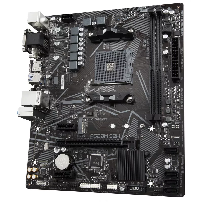 GIGABYTE A520M S2H Motininė plokštė – palaiko AMD Ryzen 5000 serijos AM4 procesorius, 4+3 fazių grynas skaitmeninis VRM, iki 5100MHz DDR4 (OC), PCIe 3.0 x4 M.2, GbE LAN, USB 3.2 Gen 1