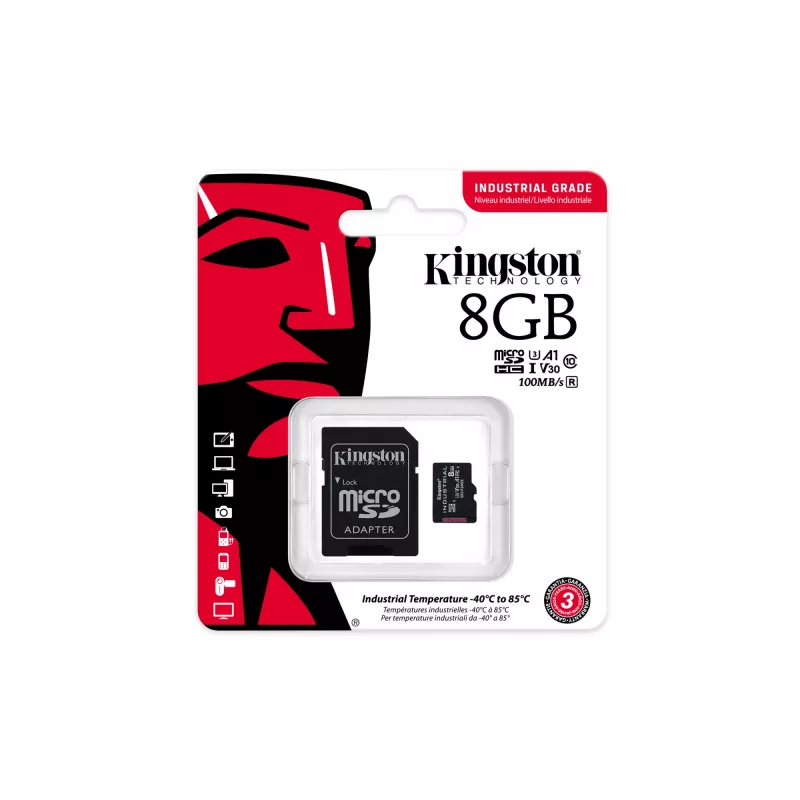 Kingston Technology 8GB microSDHC Industrial C10 A1 pSLC kortelė + SD adapteris
