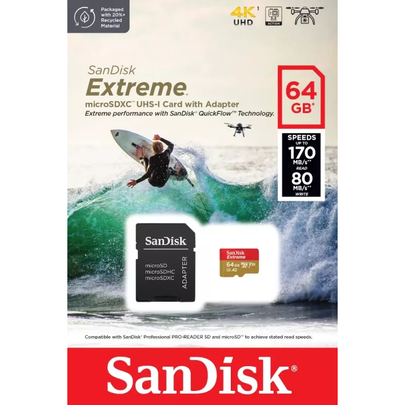 WESTERN DIGITAL Extreme microSDXC 64GB SD Adapter veiksmo kameroms ir dronams 170MB/s 80MB/s A2 C10 V30 UHS-I U3