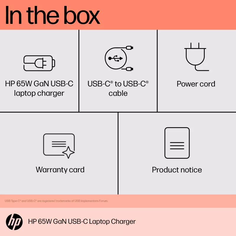 HP 65W GaN USB-C nešiojamojo kompiuterio įkroviklis, vidinis, 65 W, 5/9/12/15/20 V, 65 W, namams