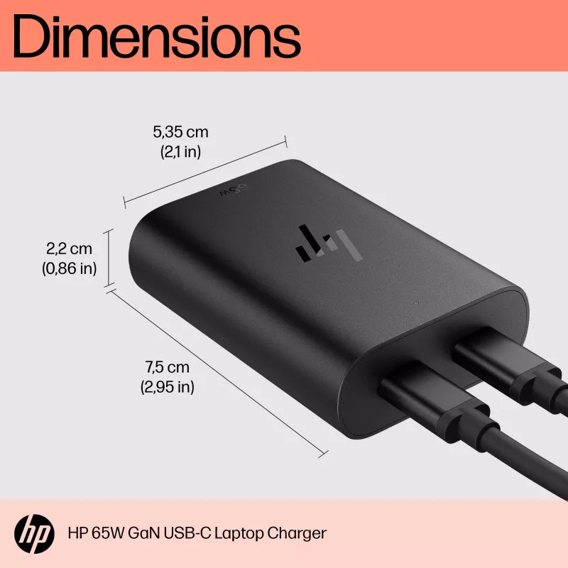 HP 65W GaN USB-C nešiojamojo kompiuterio įkroviklis, vidinis, 65 W, 5/9/12/15/20 V, 65 W, namams
