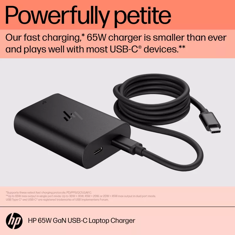 HP 65W GaN USB-C nešiojamojo kompiuterio įkroviklis, vidinis, 65 W, 5/9/12/15/20 V, 65 W, namams