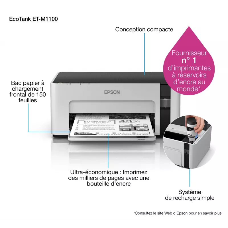 Rašalinis spausdintuvas Epson EcoTank ET‑M1100 — vienspalvis, A4, 32 ppm, 1440×720 dpi, integruota talpykla, USB 2.0, pilka/juoda