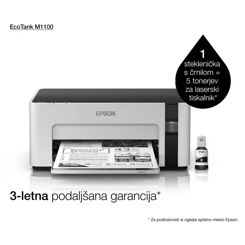 Rašalinis spausdintuvas Epson EcoTank ET‑M1100 — vienspalvis, A4, 32 ppm, 1440×720 dpi, integruota talpykla, USB 2.0, pilka/juoda