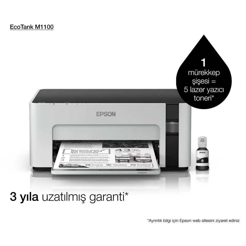 Rašalinis spausdintuvas Epson EcoTank ET‑M1100 — vienspalvis, A4, 32 ppm, 1440×720 dpi, integruota talpykla, USB 2.0, pilka/juoda
