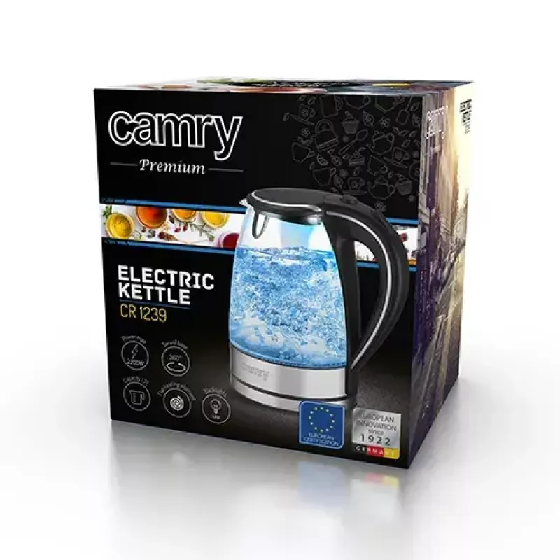 Elektrinis virdulys Camry CR 1290 – stiklinis korpusas, 1,7 L, 2000 W, reguliuojama temperatūra, vandens lygio indikatorius