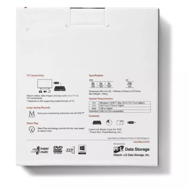 HITACHI-LG DATA STORAGE GP60NW60 išorinis DVD rašytuvas, USB 2.0, baltas