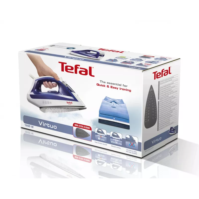 Lyginimo lygintuvas Tefal Virtuo FV1711 – 1800 W, Durilium padas, 0,2 L bakelis, vertikalus garas, violetinis/baltas