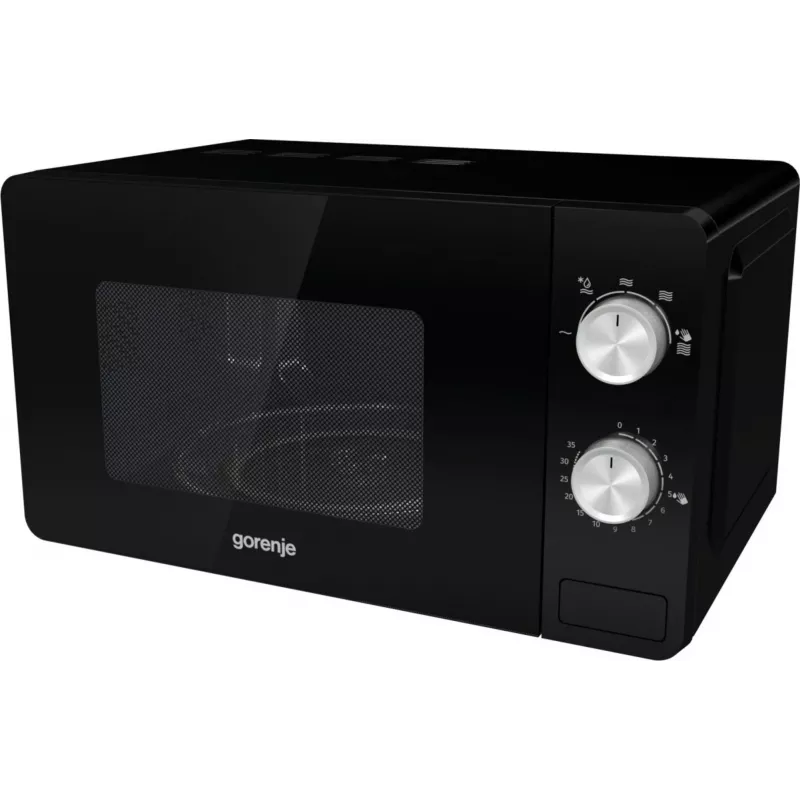 Solo mikrobangų krosnelė Gorenje MO20E1B — 20 L, 800 W, 5 galios lygių, 270 mm sukamasis padėklas, juoda