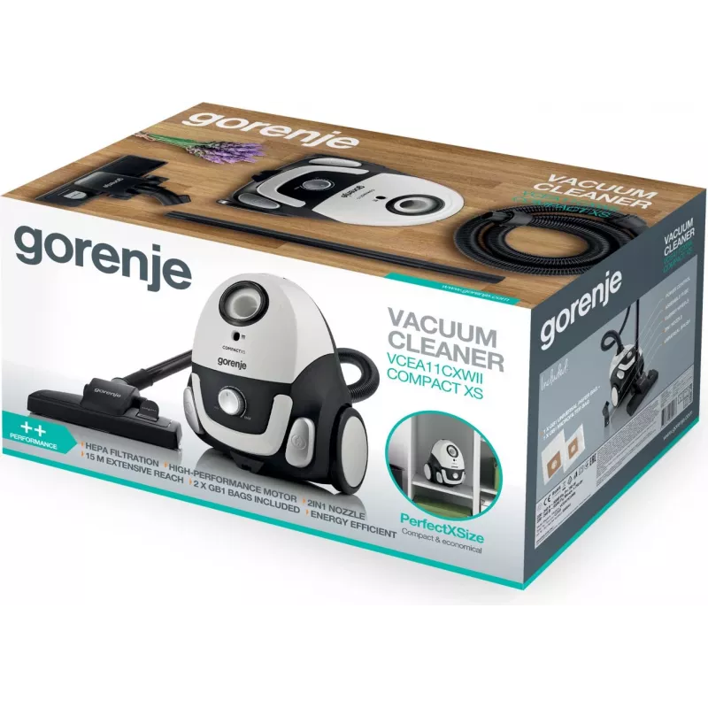 Gorenje VCEA11CXWII 2 L cilindrinis dulkių siurblys sausam valymui 750 W su dulkių maišeliu