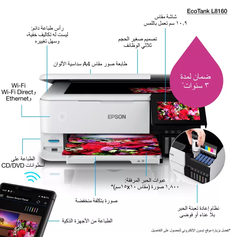 Daugiafunkcis rašalinis spausdintuvas Epson EcoTank L8160 – spalvotas spausdinimas, 5760x1440 DPI, 32 ppm, A4, Wi‑Fi, dvipusis spausdinimas