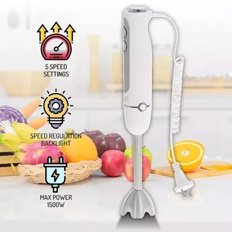 Panardintuvas Adler AD 4625w — rankinis blenderis, 5 greičiai, turbo, 1500 W, nerūdijančio plieno antgalis, sidabrinis/baltas