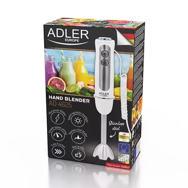 Panardintuvas Adler AD 4625w — rankinis blenderis, 5 greičiai, turbo, 1500 W, nerūdijančio plieno antgalis, sidabrinis/baltas