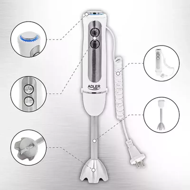 Panardintuvas Adler AD 4625w — rankinis blenderis, 5 greičiai, turbo, 1500 W, nerūdijančio plieno antgalis, sidabrinis/baltas