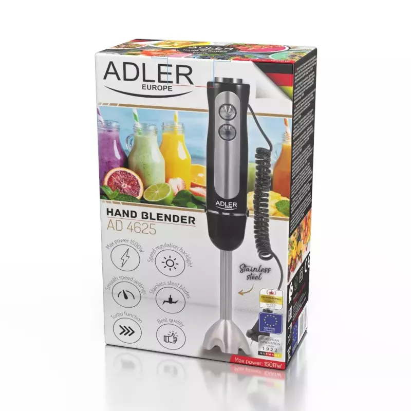 Panardintuvas Adler AD 4625B – rankinis blenderis, 1500 W maks., 850 W nominali, 5 greičiai, mechaninis valdymas, turbo, nerūdijančio plieno peilis, juodas