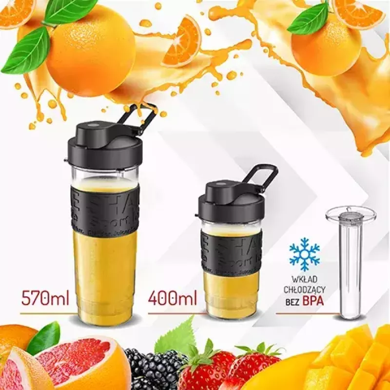 Sportinis blenderis Adler AD 4081 - nešiojamas asmeninis blenderis, 800 W maks., 0,57 L puodelis, nerūdijančio plieno peiliai, 2 buteliai