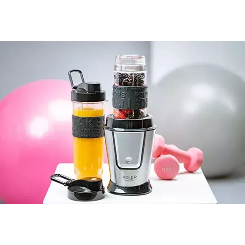 Sportinis blenderis Adler AD 4081 - nešiojamas asmeninis blenderis, 800 W maks., 0,57 L puodelis, nerūdijančio plieno peiliai, 2 buteliai