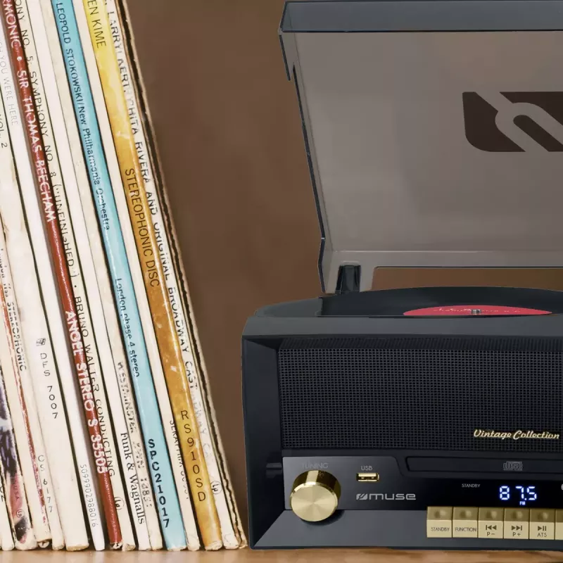 Tiesioginės pavaros vinilinė patefonė Muse MT-112 W – pusiau automatinė, 20 W RMS, 3,5 mm išvestis, LCD, AC 100–240 V