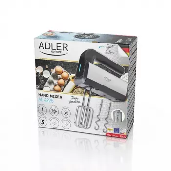Rankinis plaktuvas Adler AD 4225 – 5 greičiai, turbo, 300 W, nerūdijantis plienas/sidabras-juoda, plaktuvai ir tešlos kabliukai