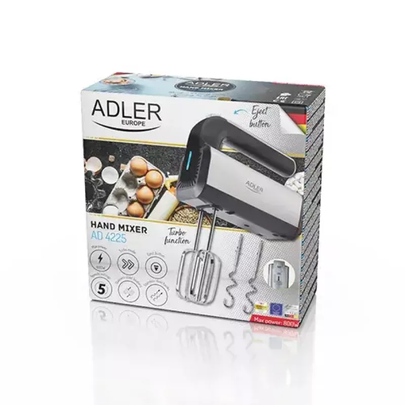 Rankinis plaktuvas Adler AD 4225 – 5 greičiai, turbo, 300 W, nerūdijantis plienas/sidabras-juoda, plaktuvai ir tešlos kabliukai