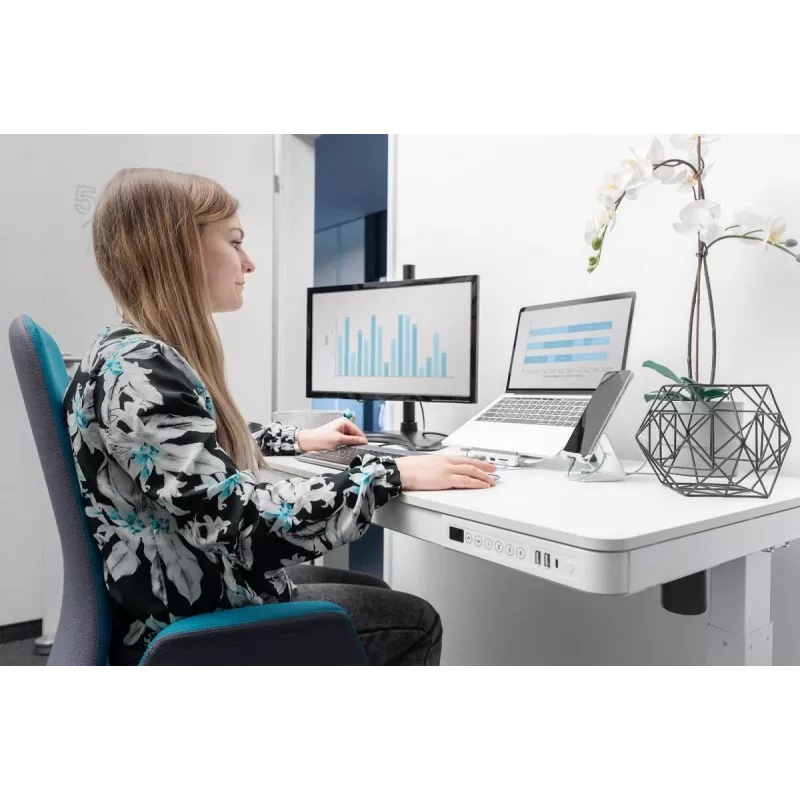 DIGITUS elektrinis aukščio reguliavimo stalas 120x60x12 cm su USB balta