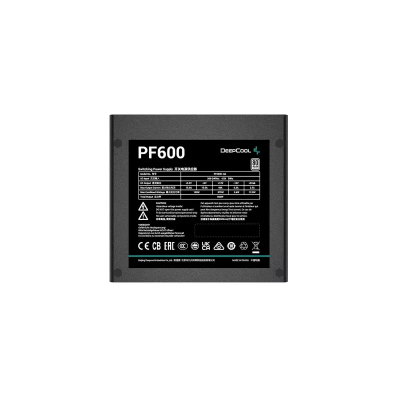 Maitinimo blokas DeepCool PF600 600 W, ATX 2.4, 80 PLUS, 48 A ant +12V, 120 mm ventiliatorius, nemodulinis